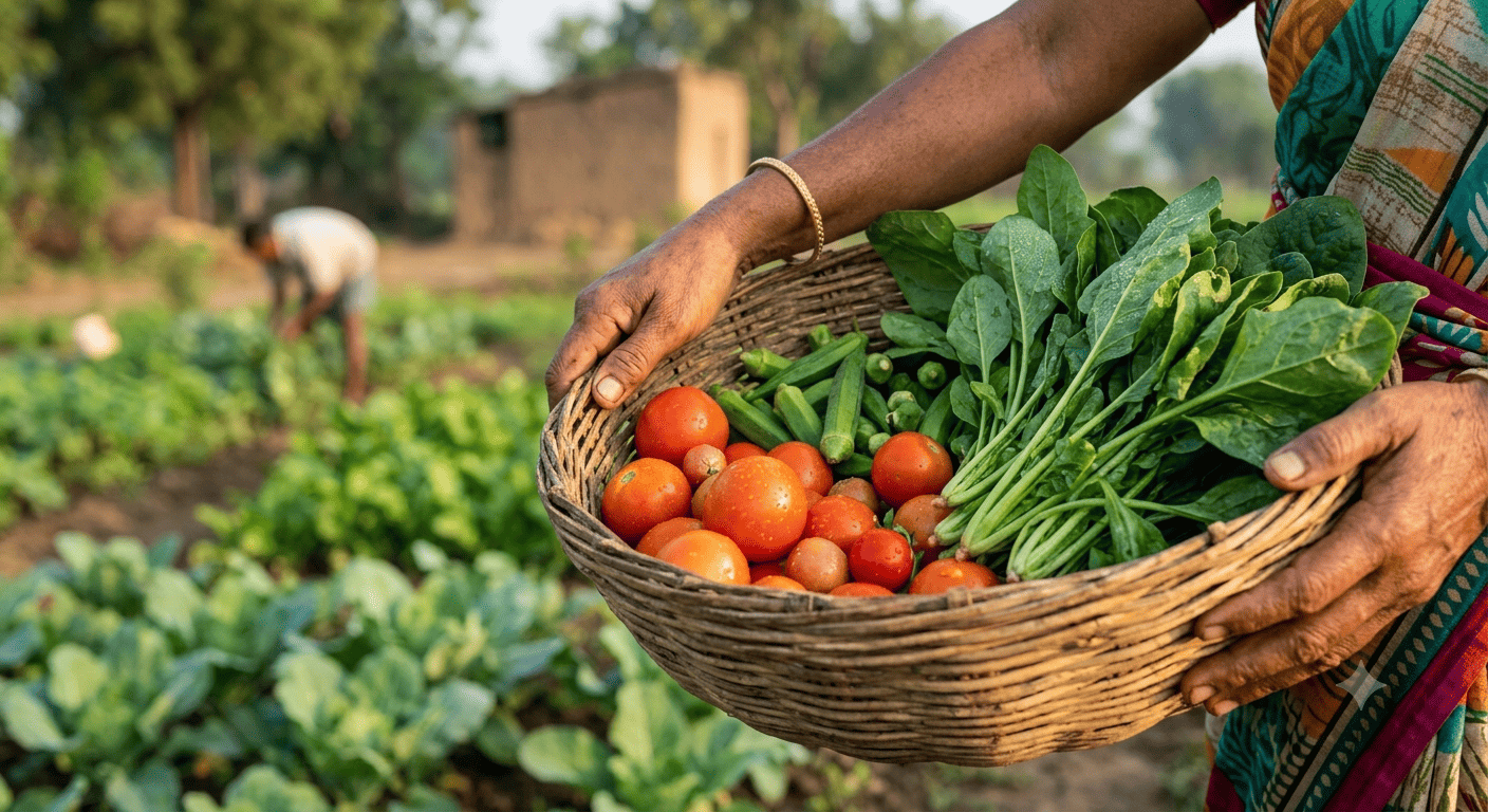 Freshly harvested vegetables in a basket